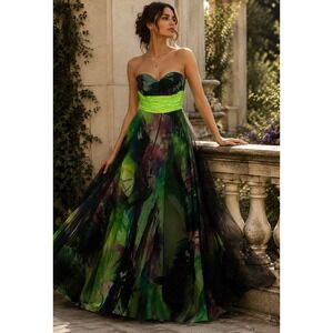 Sean Couture Vintage Y2K Strapless Maxi Dress Abstract Green Tulle Prom Gown 4